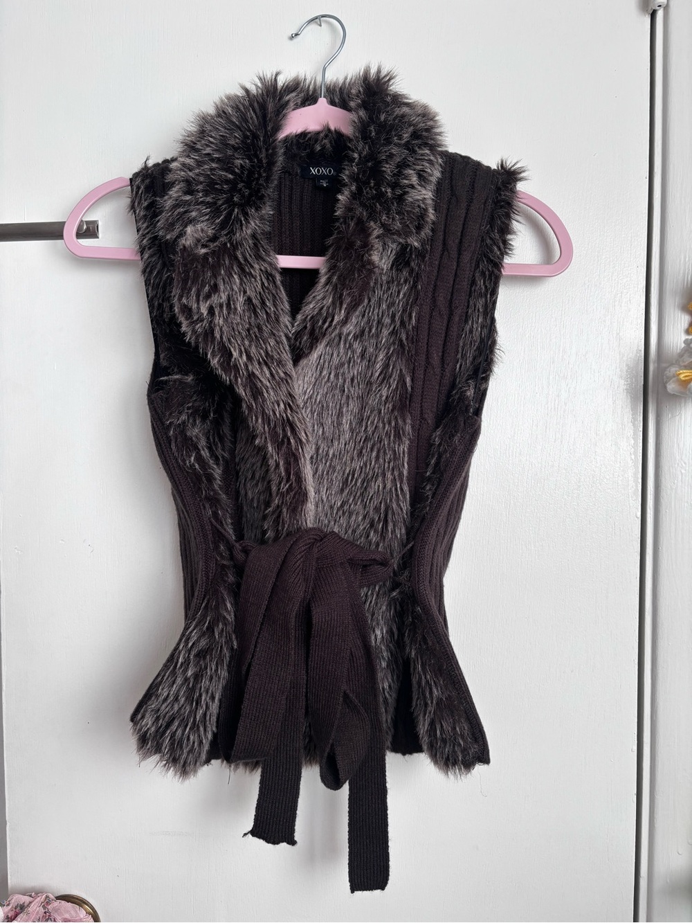 XOXO Brown Knit Vest with Faux Fur Trim